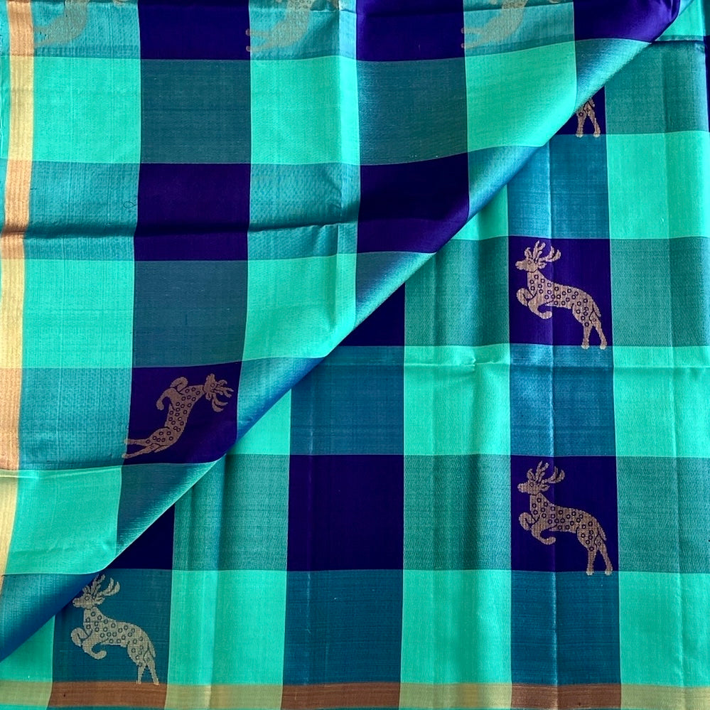 Shades of Blue Checkered Designer Pure Silk With Royal Blue And Deer Buta