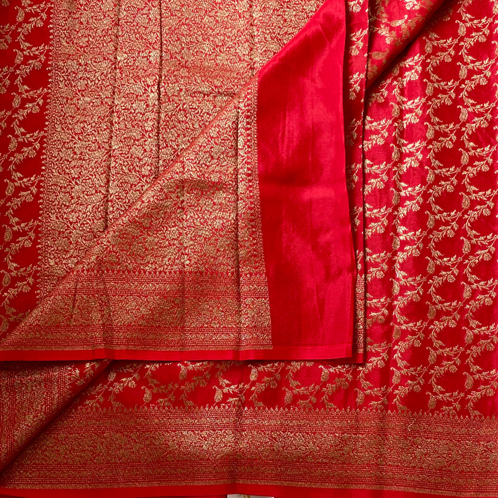 Crimson Soft Crepe Silk With Gold Brocade Floral Border For Weddings