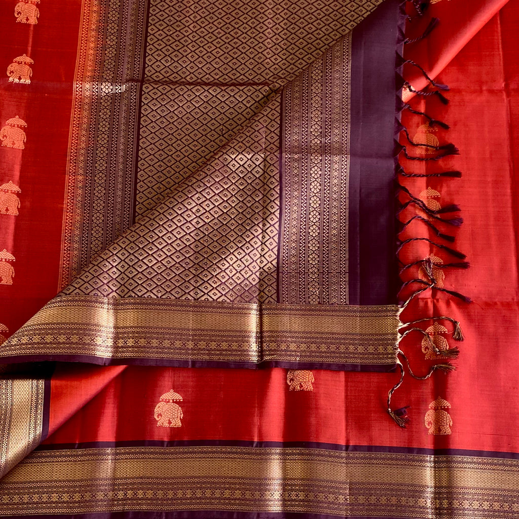 Burnt Orange Silk Saree Maroon Pallu Gold Elephant Buttas Zari