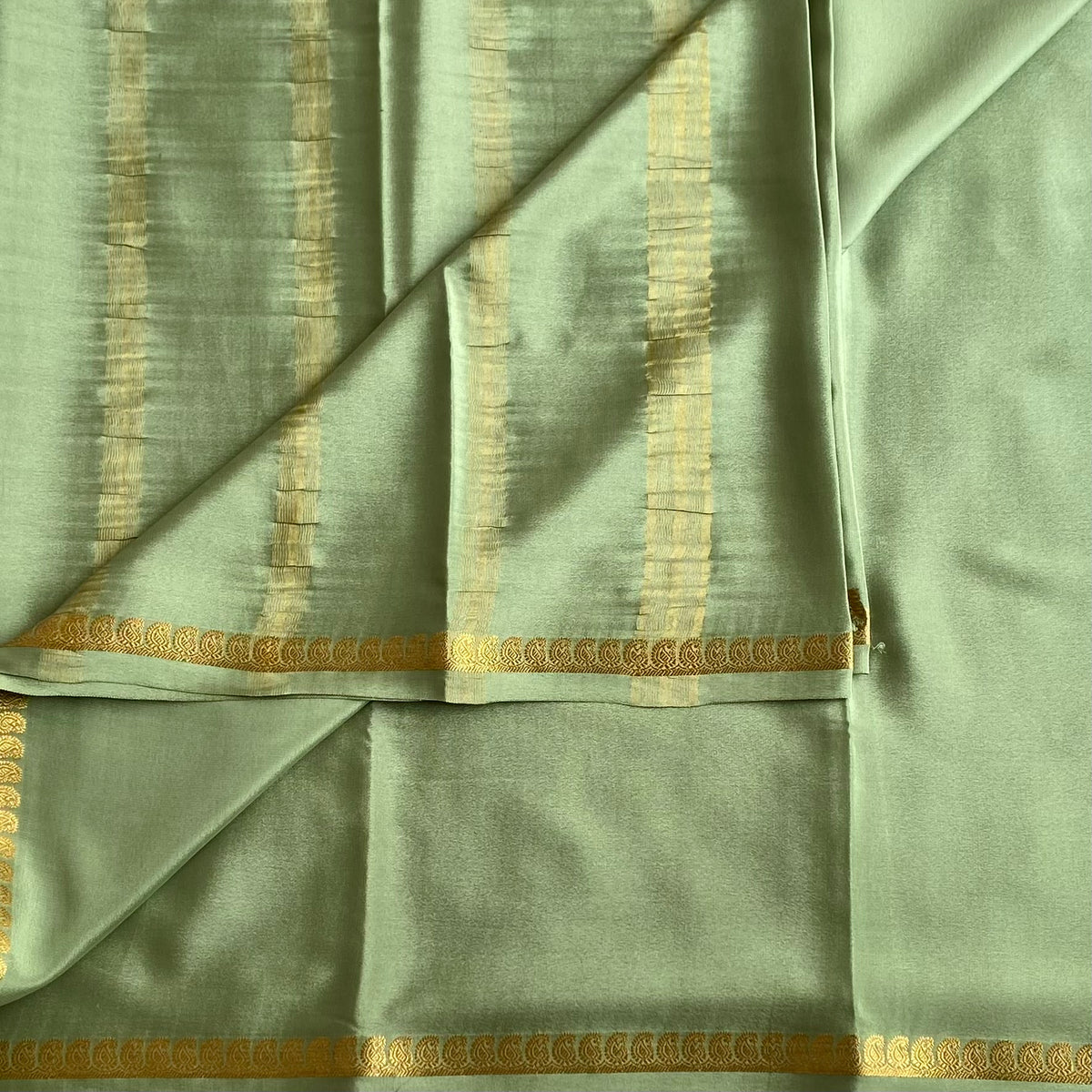 Sage Green Mysore Crepe Silk Saree With Metallic Gold Stripes