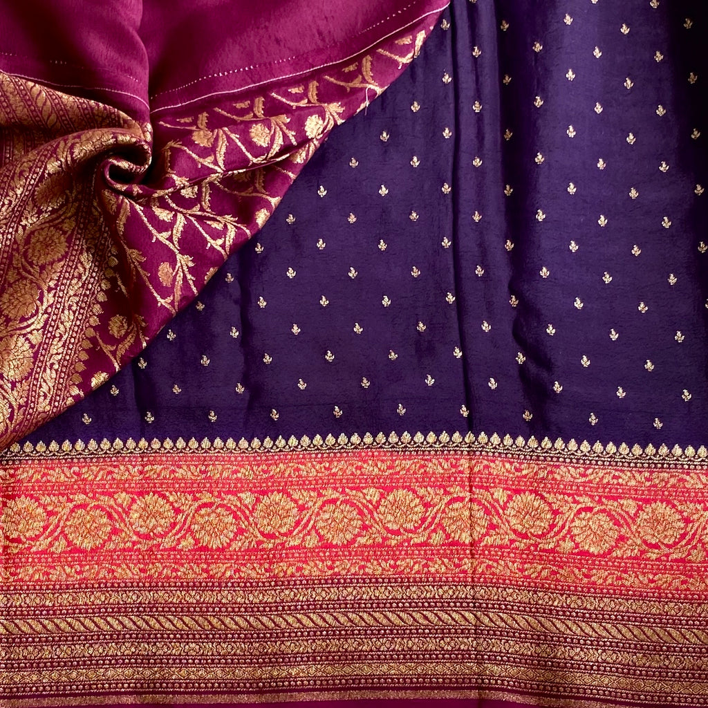 Tri Colour Brinjal Purple And Wine Rose Pink Banarasi Crepe Silk Saree With Gold Zarii