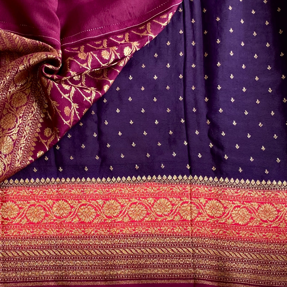 Tri Colour Brinjal Purple And Wine Rose Pink Banarasi Crepe Silk Saree With Gold Zarii