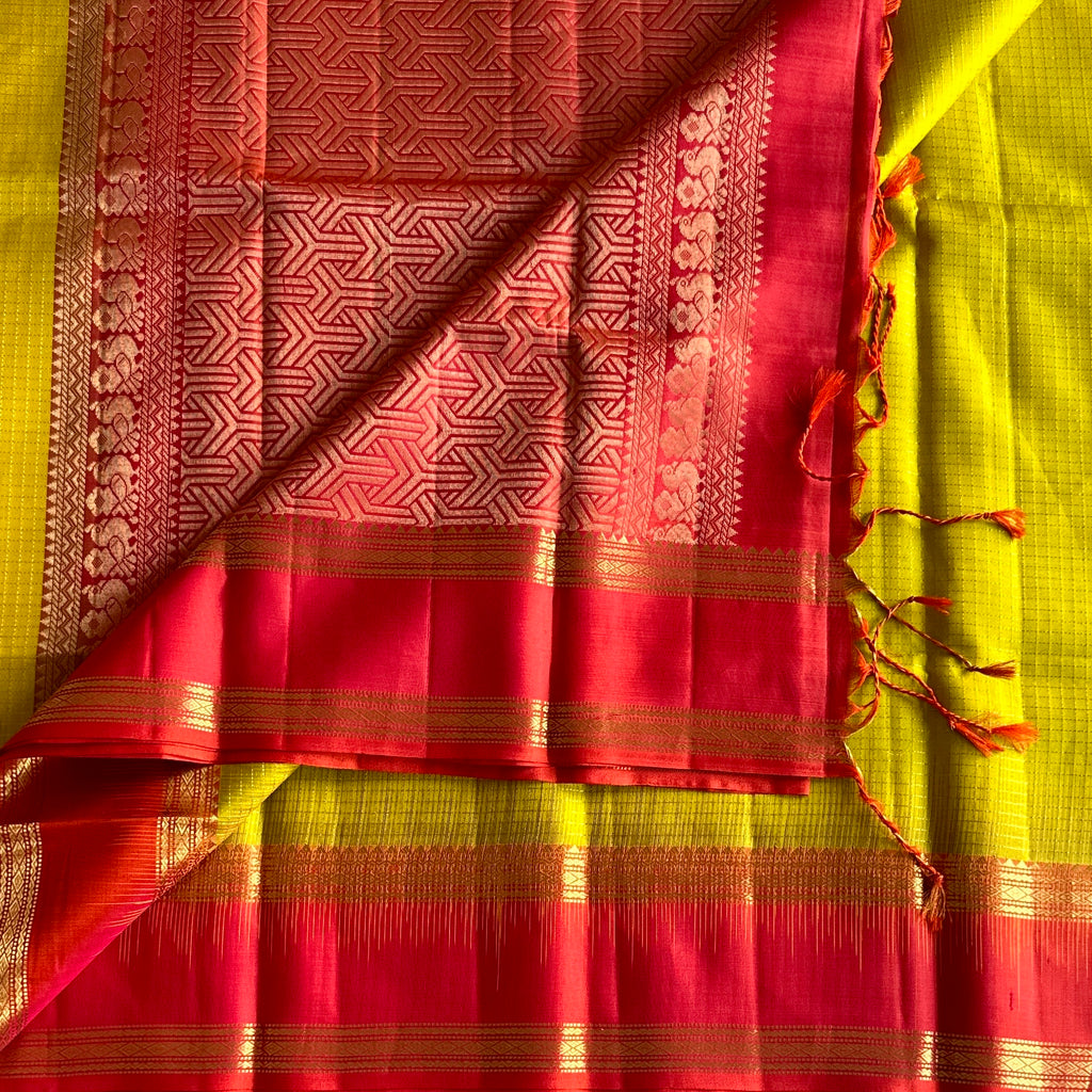 Deep Magenta And Chartreuse Silk Saree With Gold Zari Border