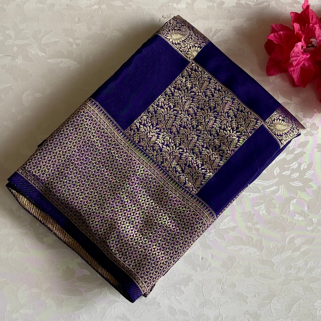 Midnight Navy Soft Crepe Silk Saree With Antique Gold Brocade Checks