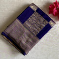 Midnight Navy Soft Crepe Silk Saree With Antique Gold Brocade Checks