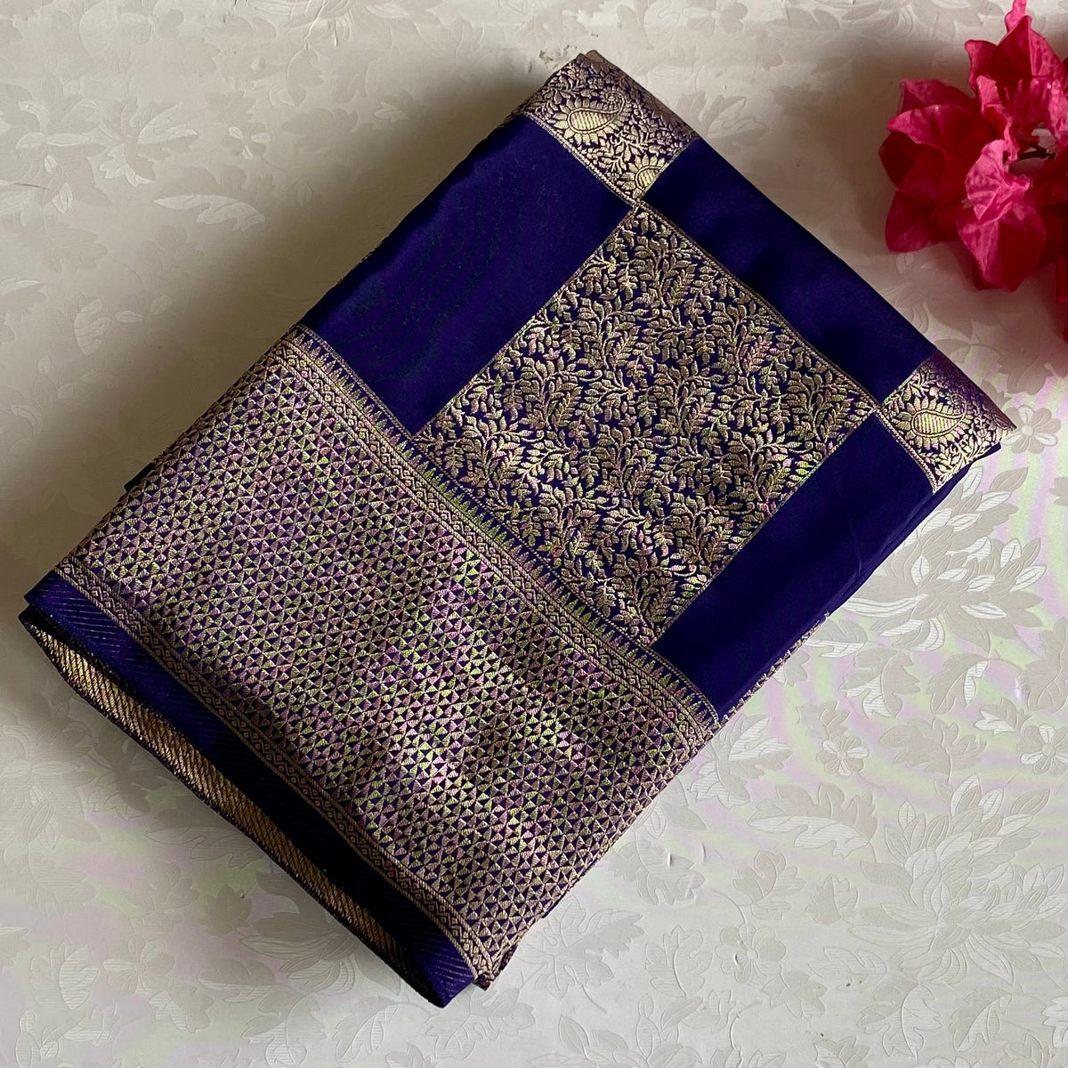 Midnight Navy Soft Crepe Silk Saree With Antique Gold Brocade Checks