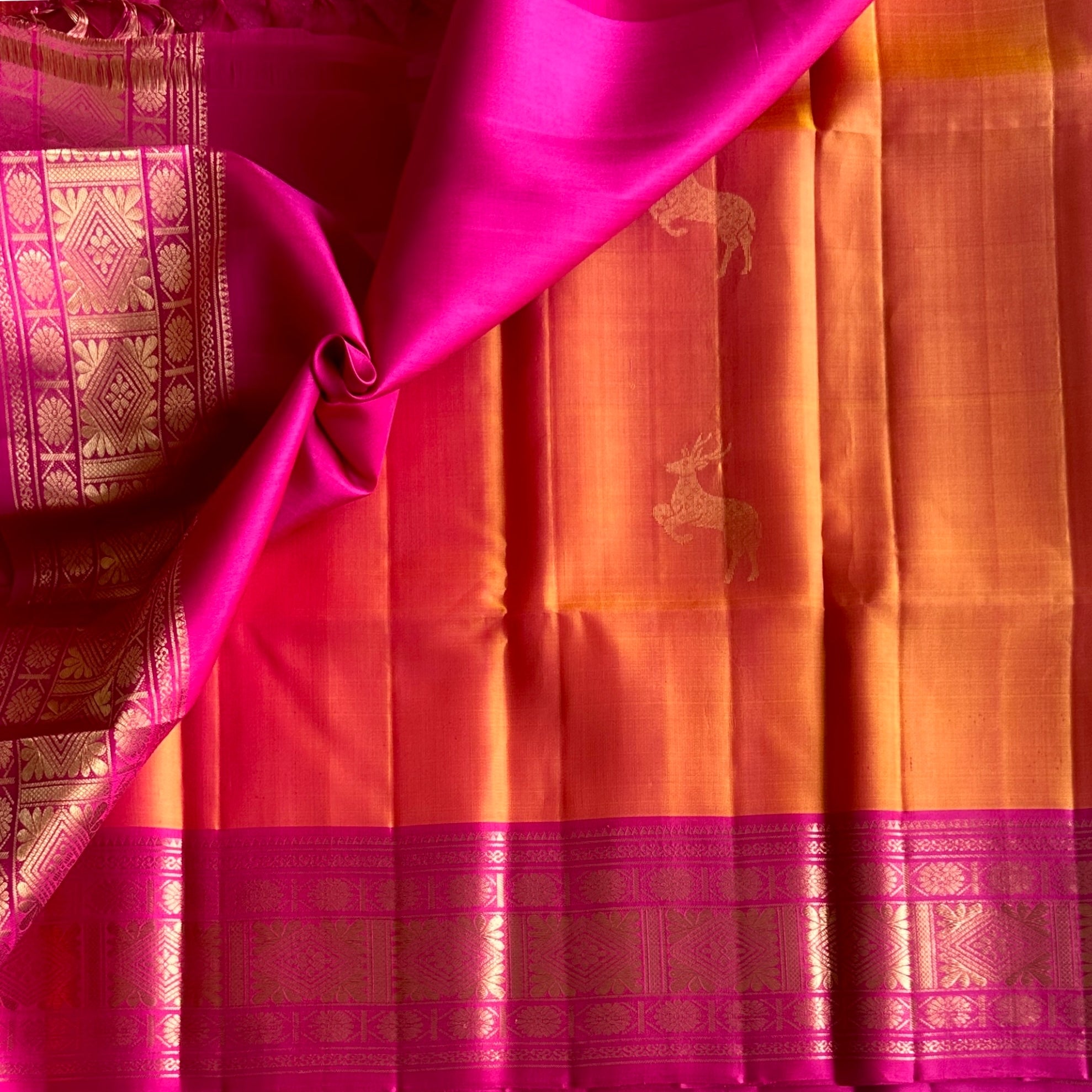 Traditional Sunset orange with rani pink handwoven pure silk saree with zari woven buttas
