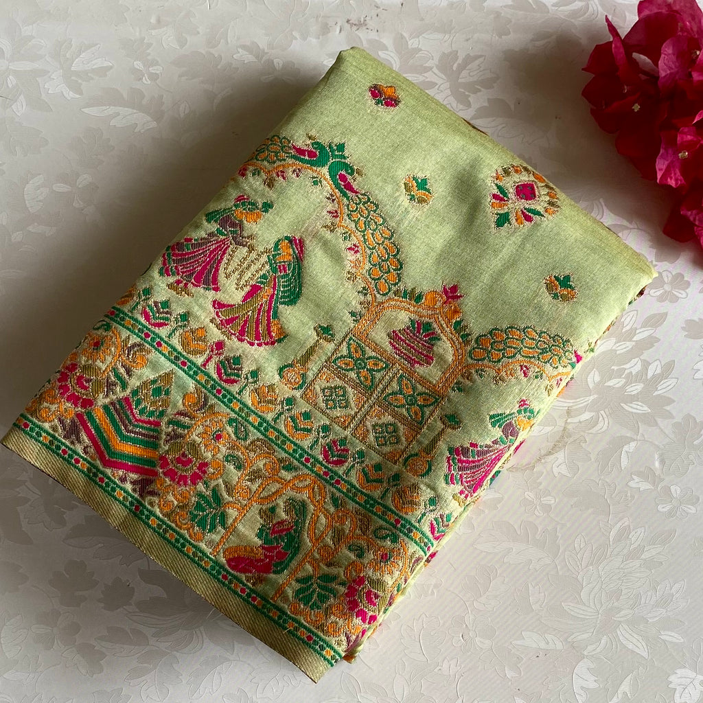 Pistachio Green Soft Tussar Silk Saree With Rani Pink Pallu