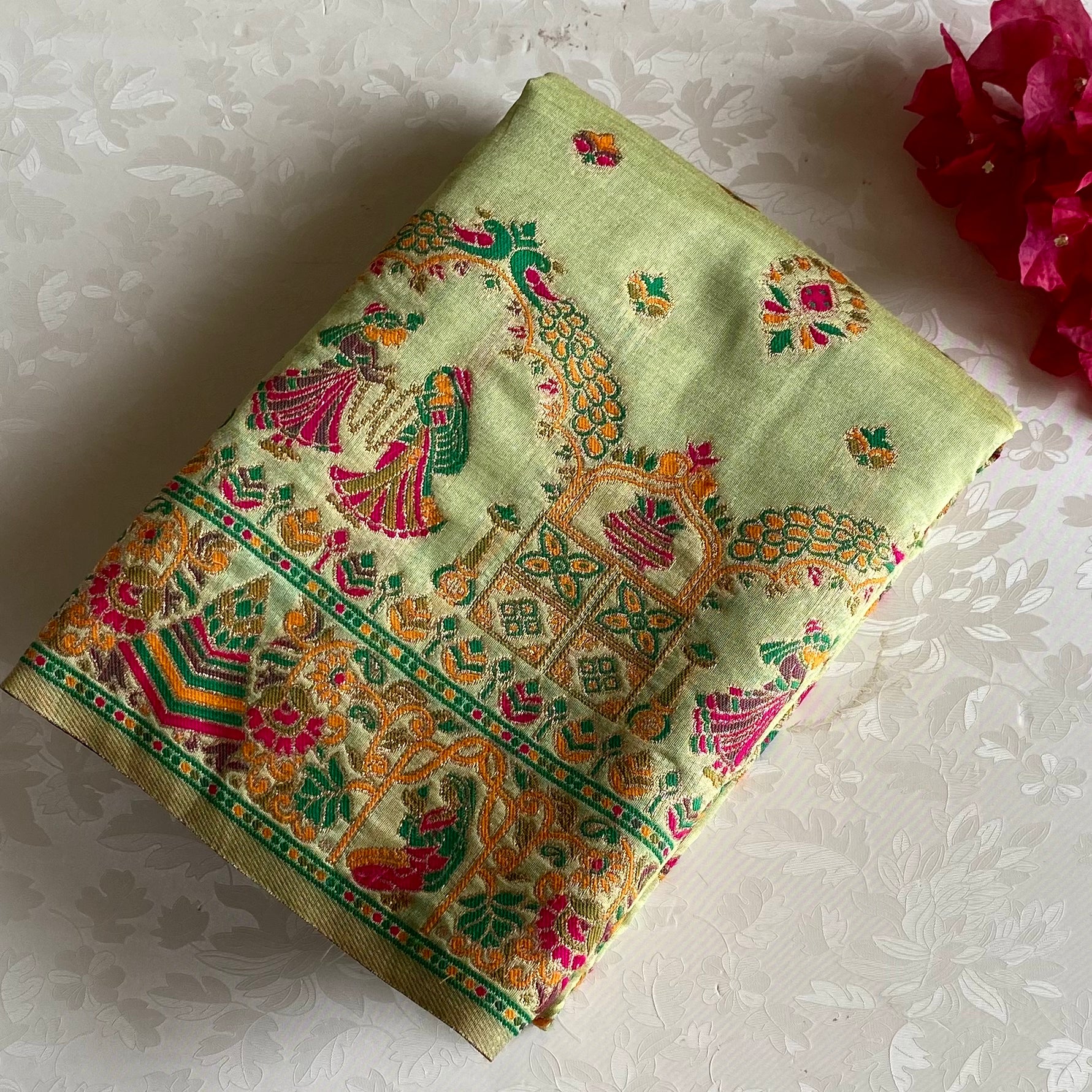 Pistachio Green Soft Tussar Silk Saree With Rani Pink Pallu