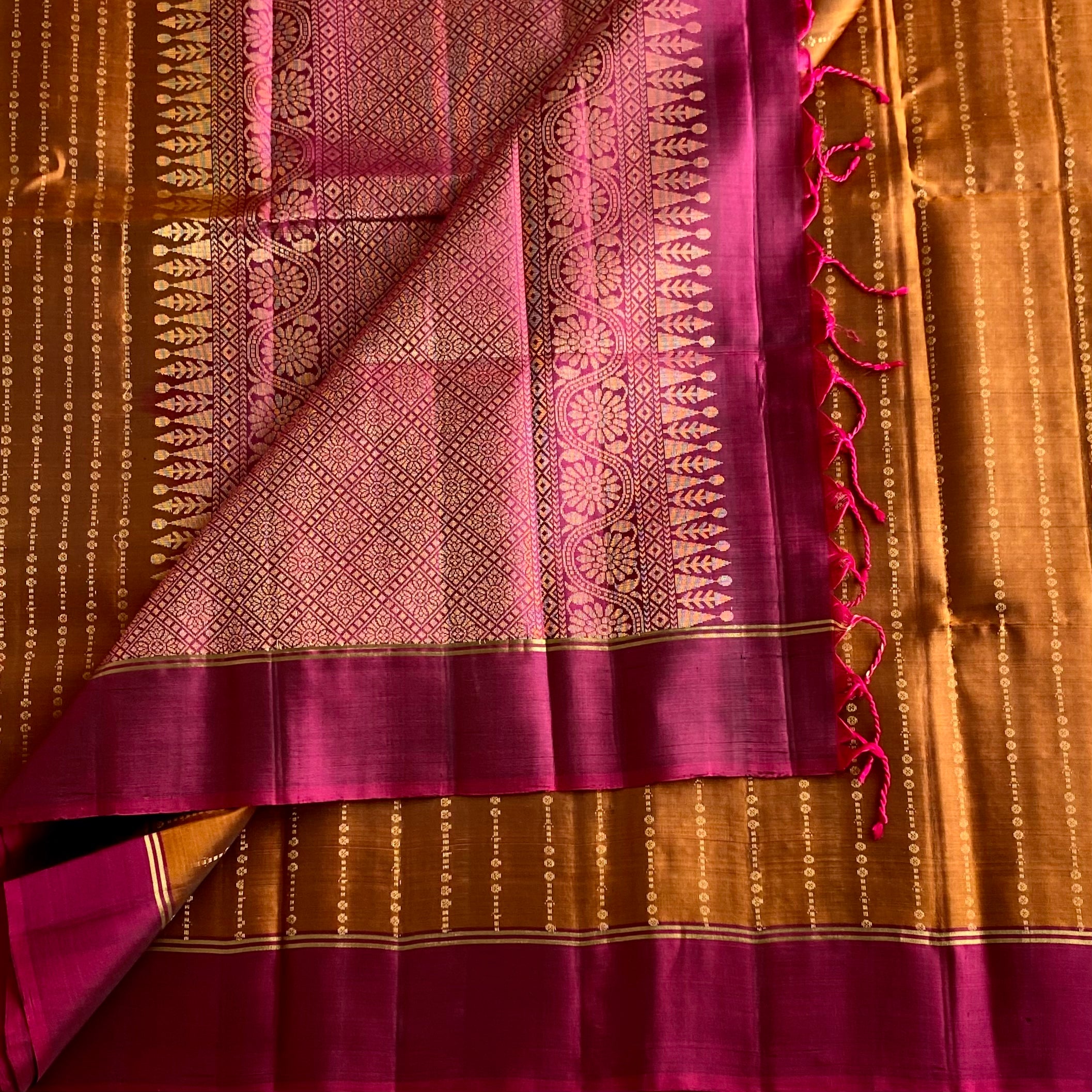 Bronze Brown Designer Pure Silk Saree With Rani Pink Pallu