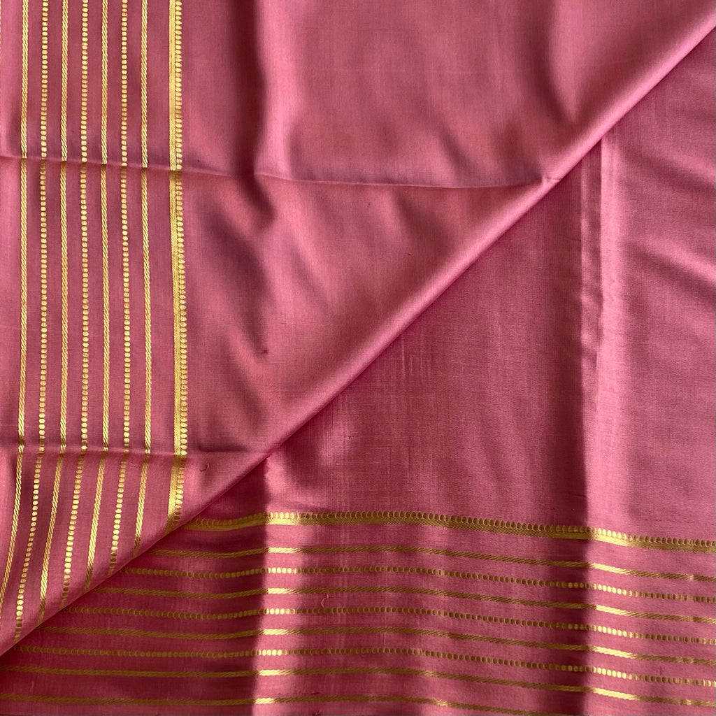 Metallic Rose Pink Mysore Crepe Silk Saree With Gold Striped Pallu And Border