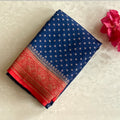Denim Blue Banarasi Soft Crepe with  Red Pallu Gold Brocade Traditional