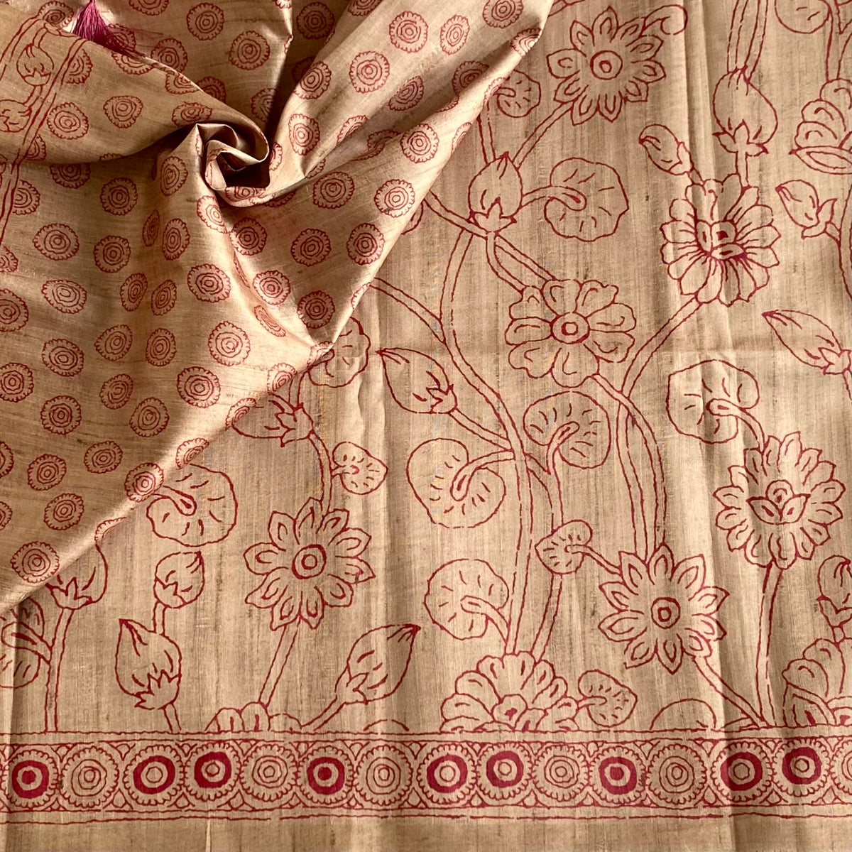 Tan Beige Soft Tussar Silk Saree With Deep Maroon Pallu