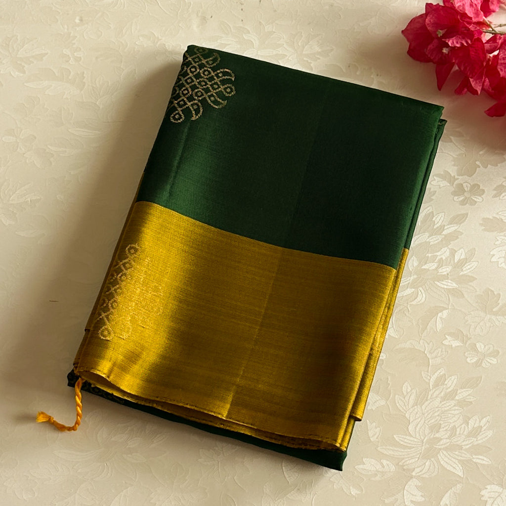 Emerald Green Silk Saree With Mustard Golden Zari Pallu Kollam weave