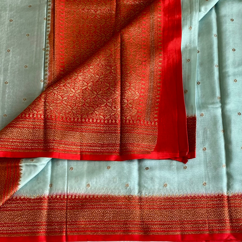 Powder Blue Banarasi Crepe Silk Saree With Scarlet Red Pallu