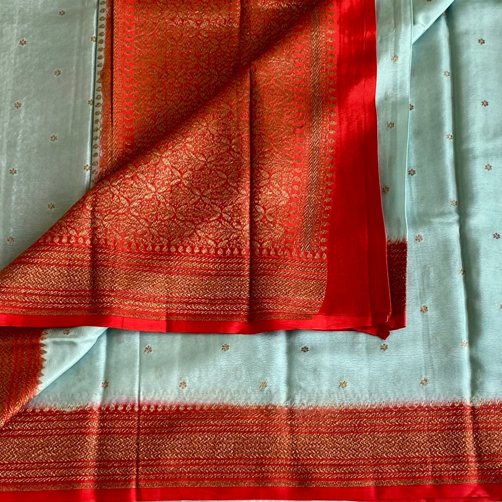 Powder Blue Banarasi Crepe Silk Saree With Scarlet Red Pallu