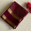 Wine Maroon Mysore Crepe Silk Saree With Antique Gold Motifs
