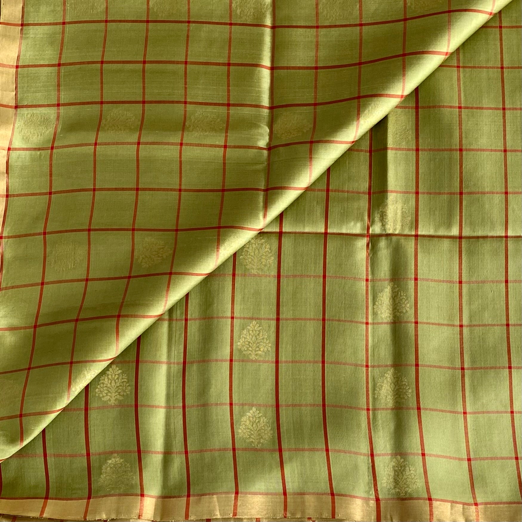 Sage Green Designer Pure Silk Saree With Crimson Red Pallu