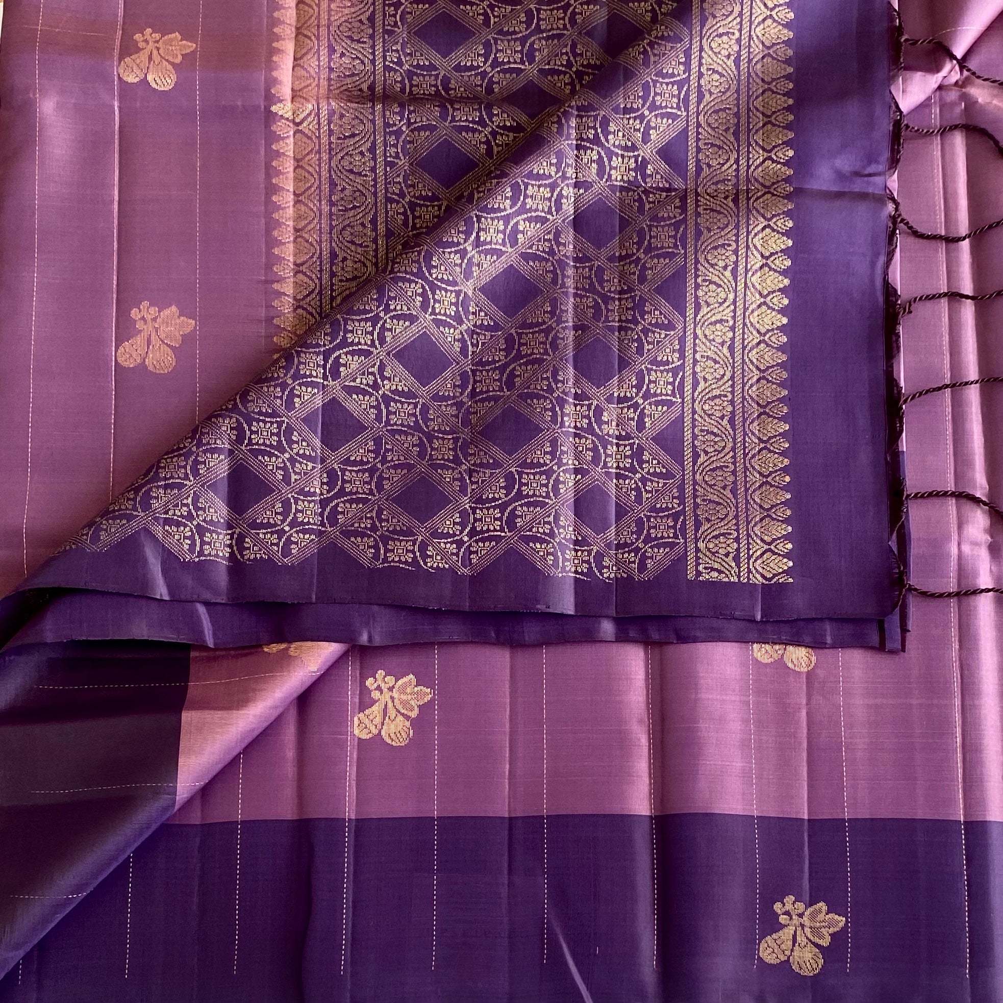 Dual Shaded Mauve Designer Pure Silk Saree With Deep Plum Pallu