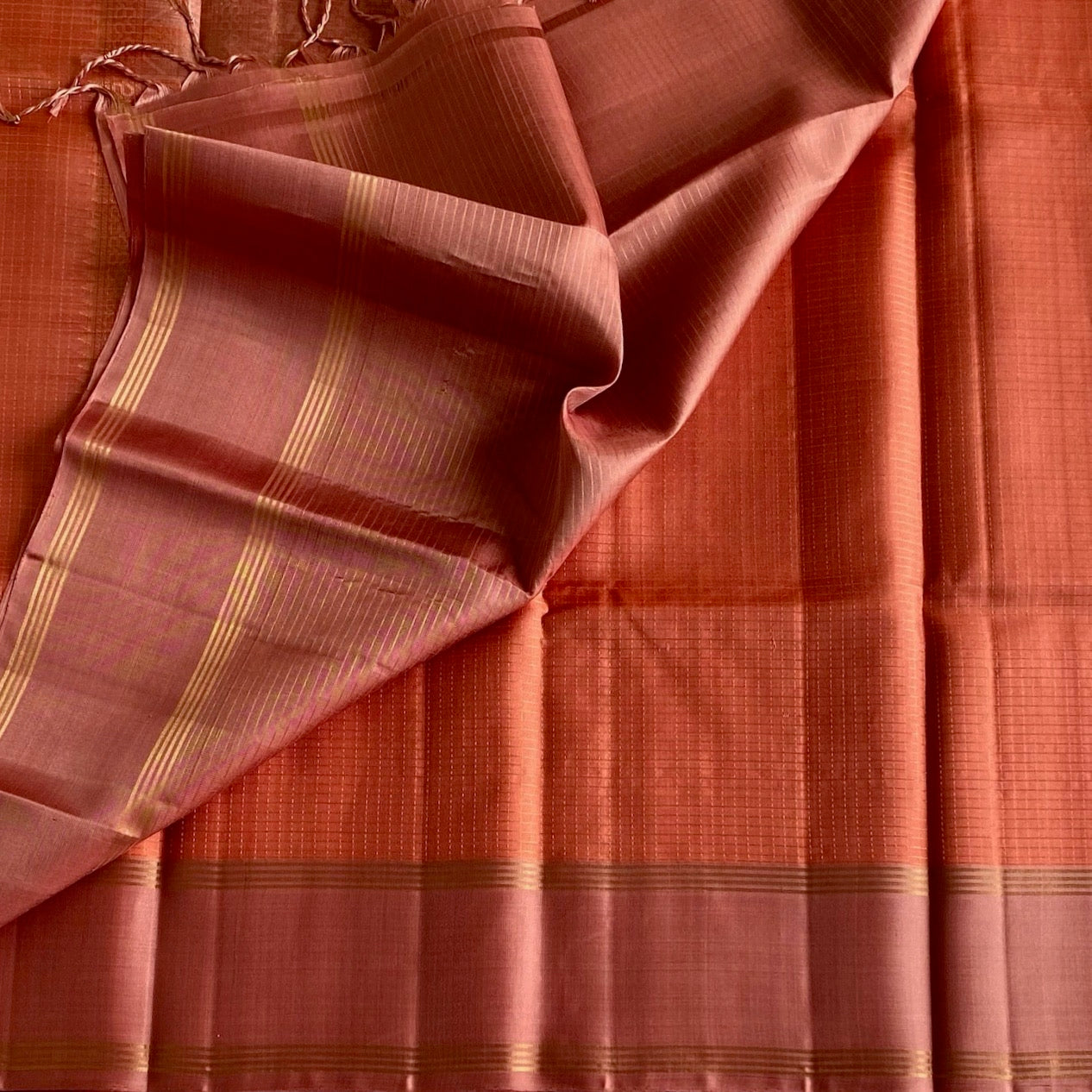 Burnt Orange Designer Pure Silk Saree With Antique Gold Border And Pallu