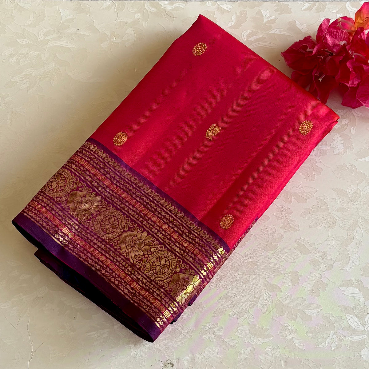 Deep Kanakambari Kanjeevaram Pure Zari Silk Saree With Rich Violet Magenta Contrast