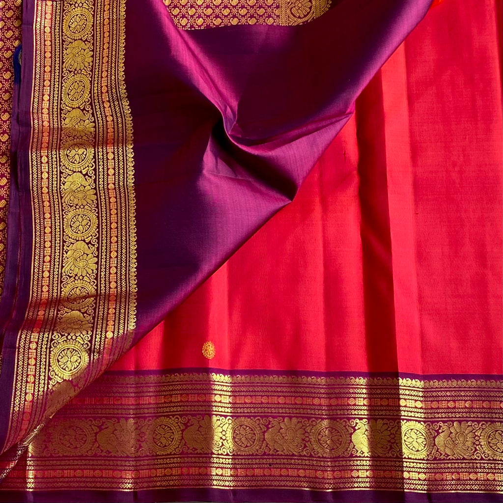 Deep Kanakambari Kanjeevaram Pure Zari Silk Saree With Rich Violet Magenta Contrast
