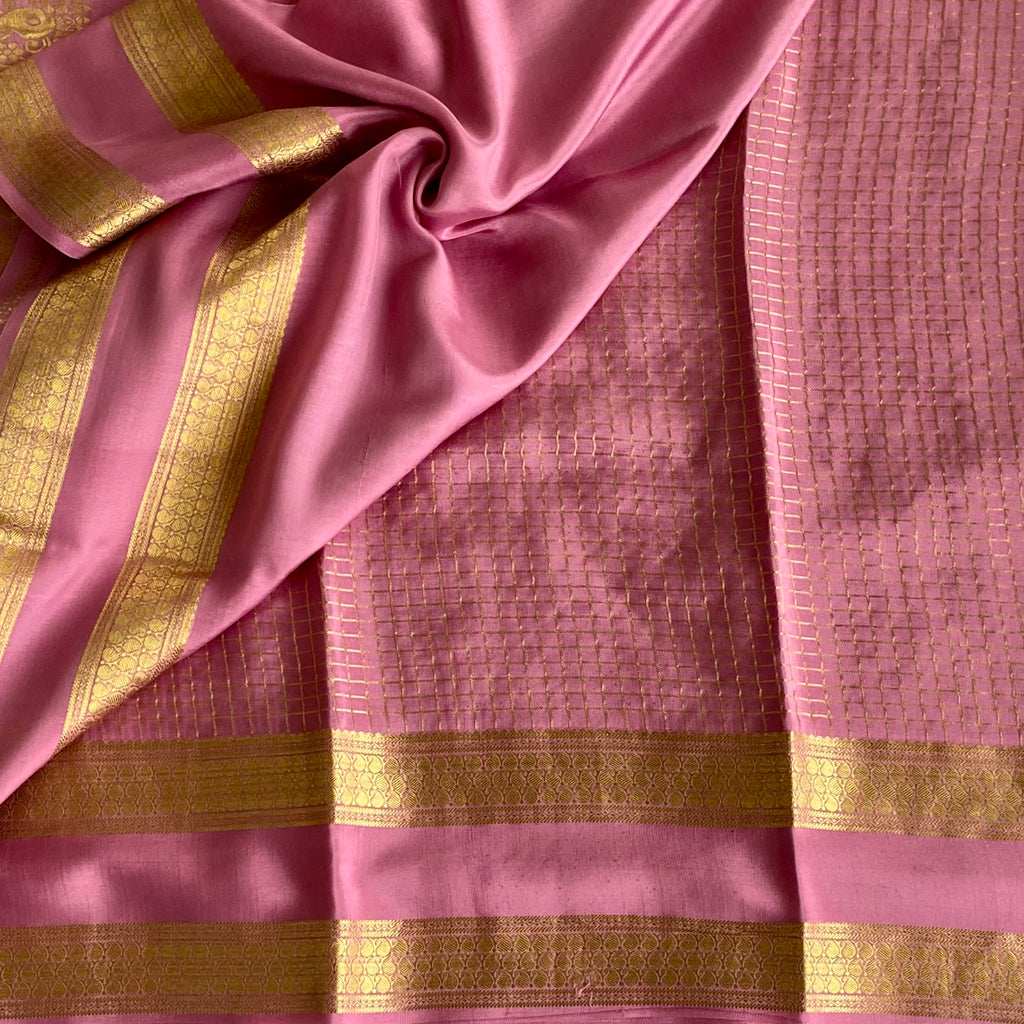 Rose Pink Gold Mysore Crepe Silk Saree With Floral Stripes