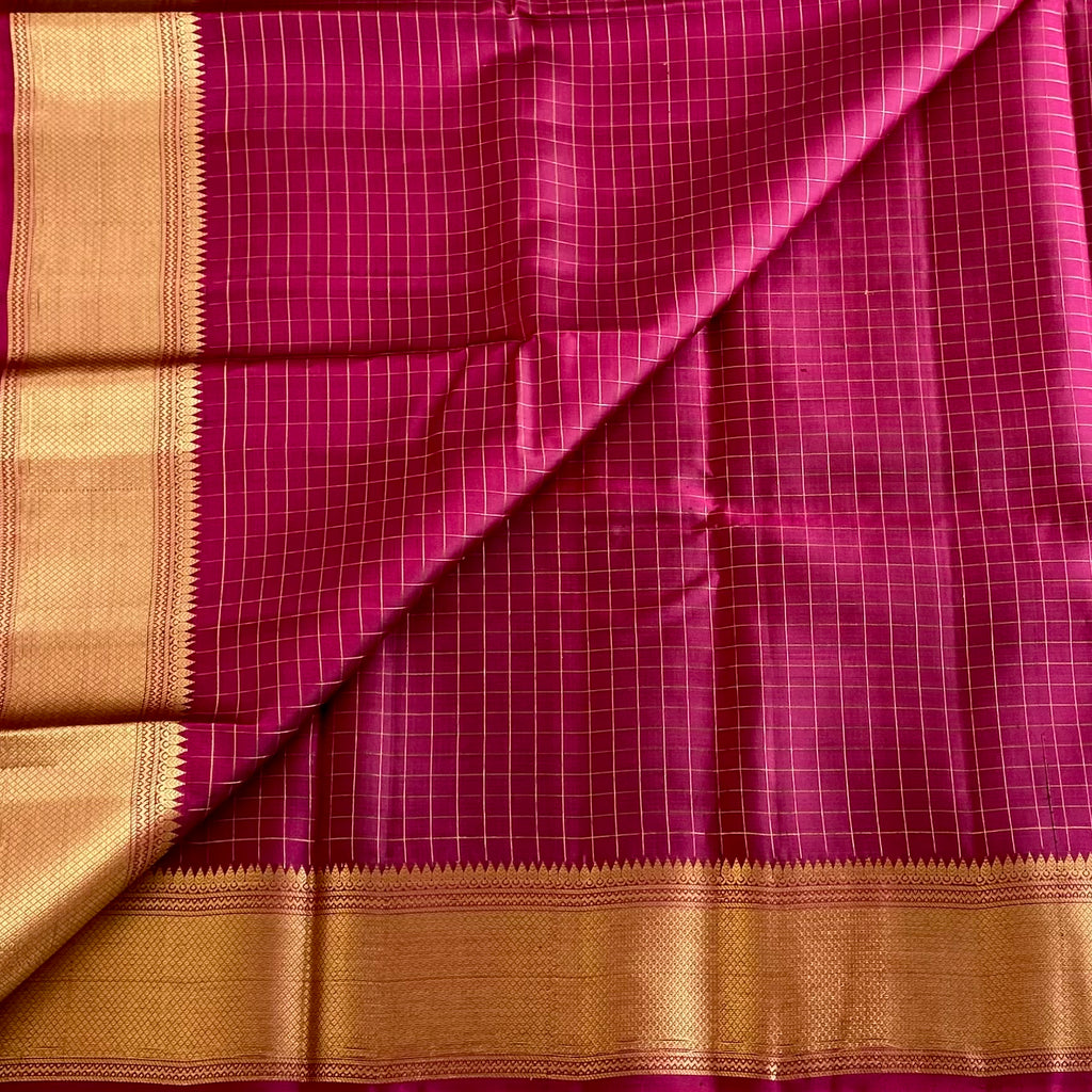Rich Magenta Pink Designer Pure Silk Micro Checkered With Zari Gold Border