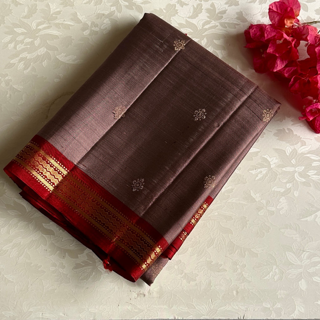 Taupe Designer Pure Silk Saree With Crimson Red Pallu