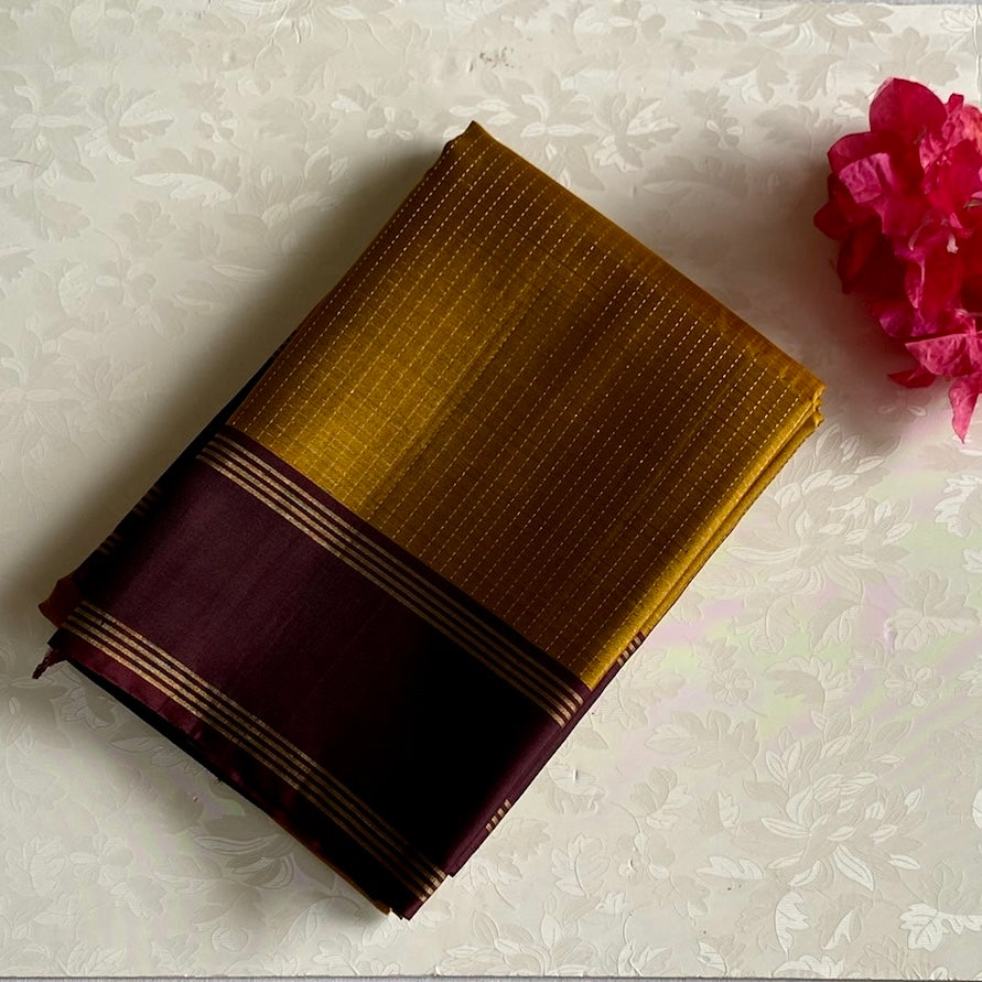 Mustard Yellow Designer Micro-checks Pure Silk With Wine Brown Pallu