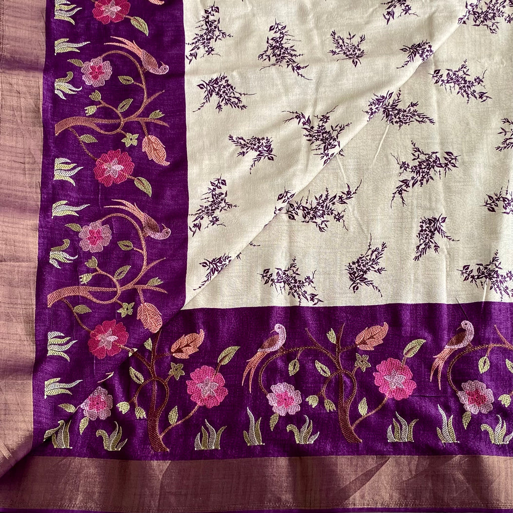 Soft Tussar Silk Ivory Saree With Royal Purple Pallu And Zari Border