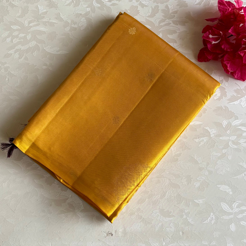 Pastel Golden Yellow Designer Pure Silk Saree With Deep Plum Purple Pallu