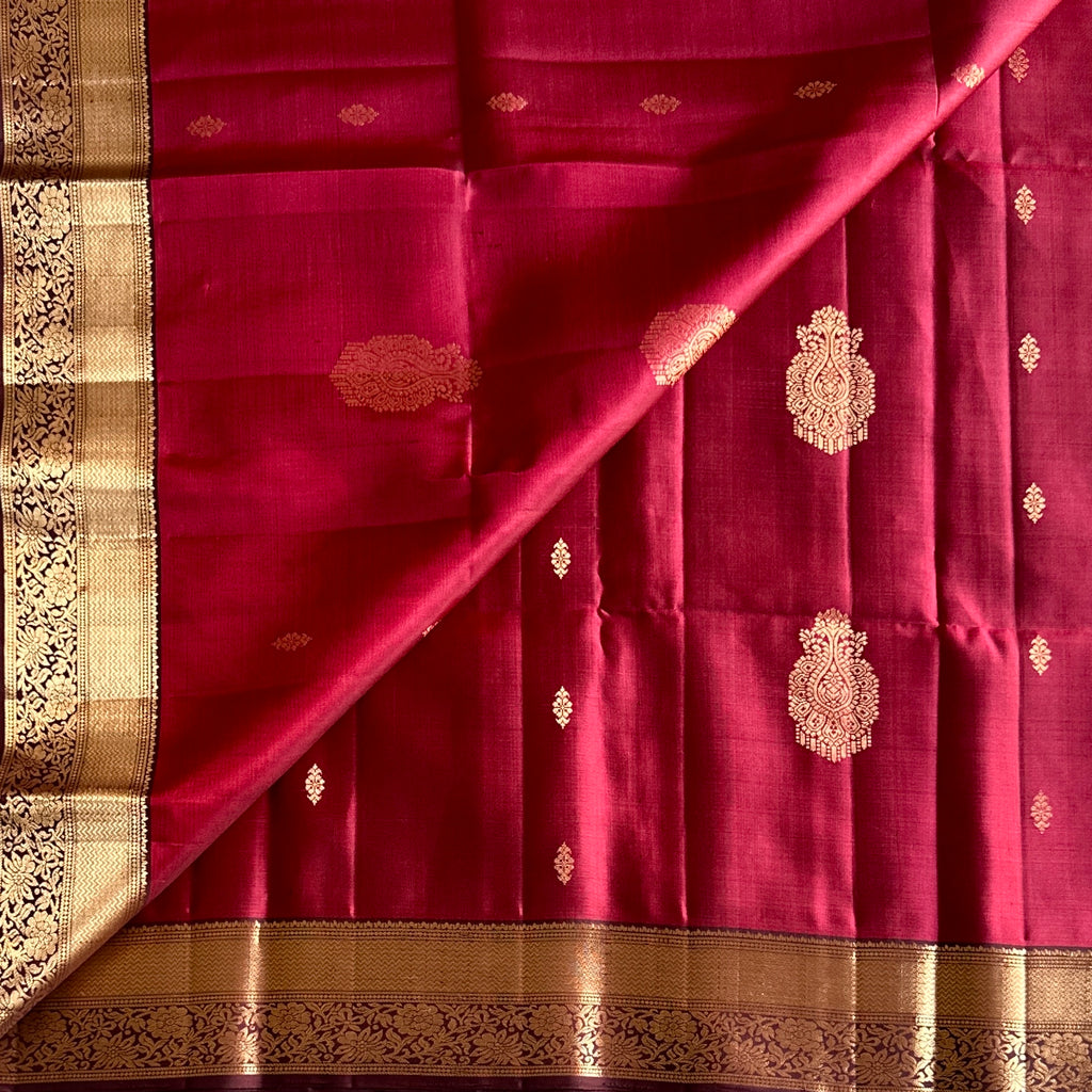 Ruby Magenta Silk Saree Burgundy Pallu Gold Brocade Floral Border