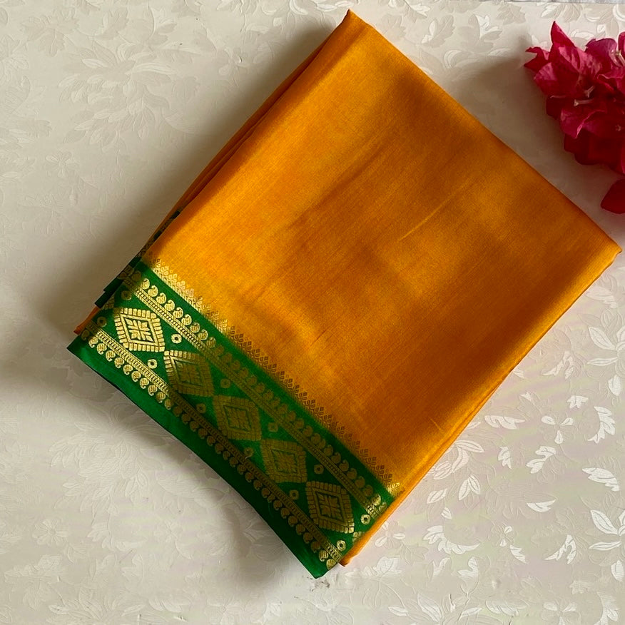 Mustard Yellow Mysore Crepe Silk Saree With Emerald Green Border Gold Zari