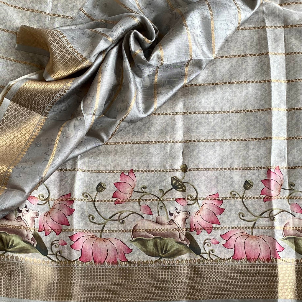 Silver Gray Soft Tussar Silk Saree Lotus Pink Motifs Gold Border