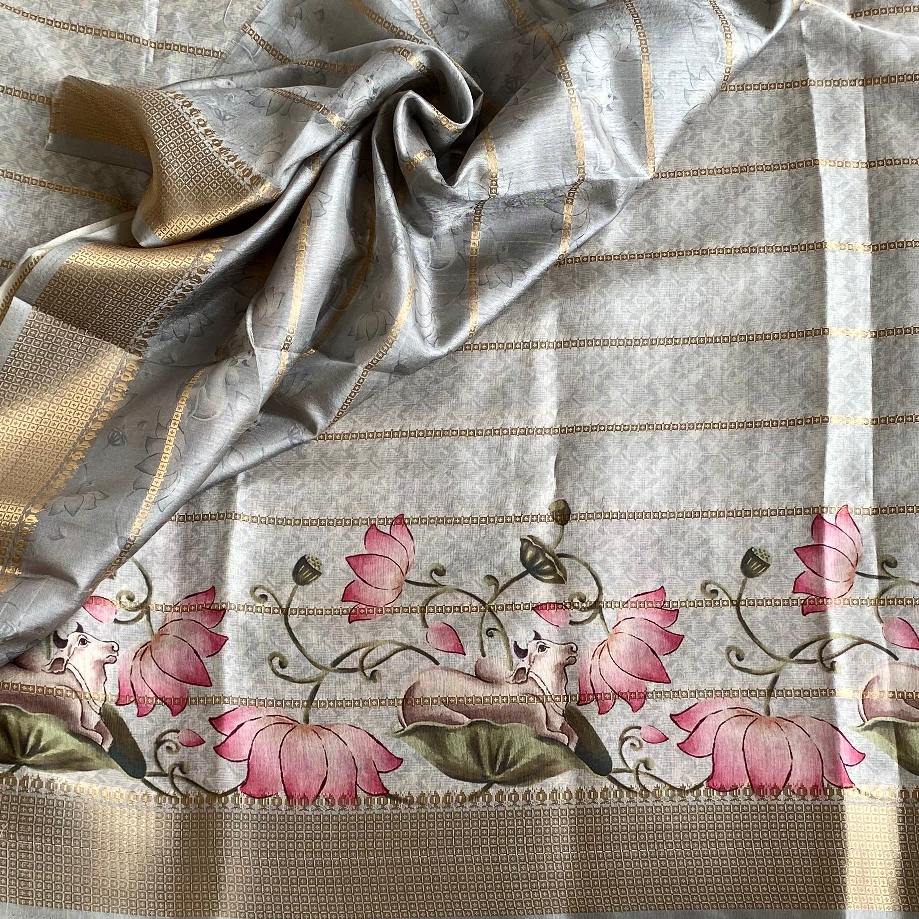 Silver Gray Soft Tussar Silk Saree Lotus Pink Motifs Gold Border