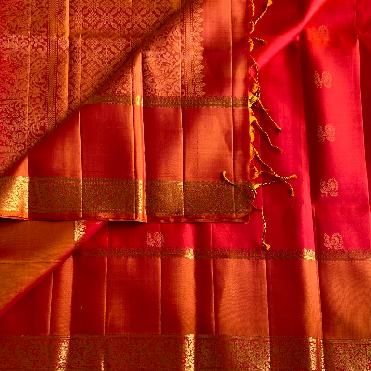 Crimson Red With Copper Orange Designer Pure Silk With Zari Woven Pallu