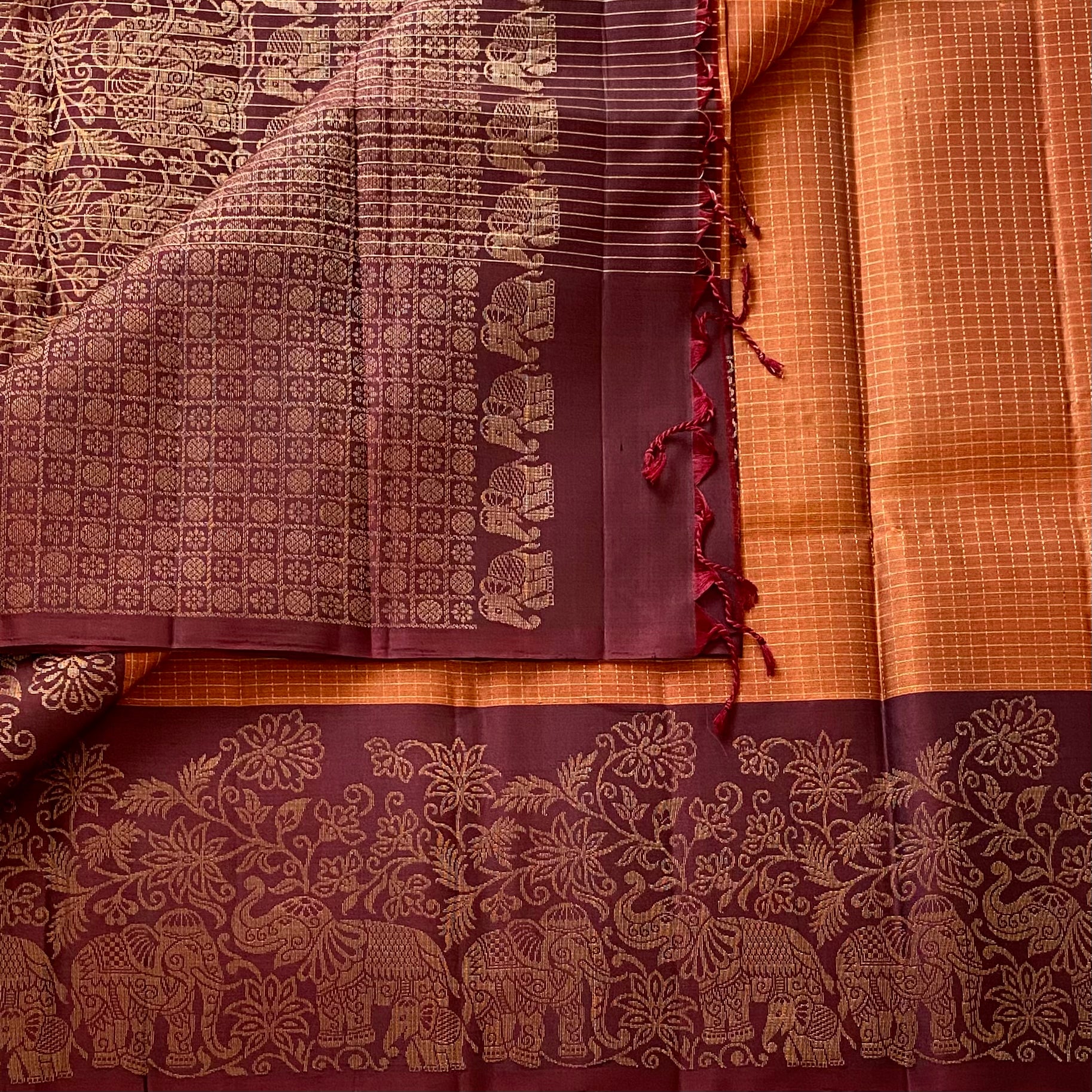 Rust Luxury Designer Pure Silk With Wine Brown Pallu Elephant Border