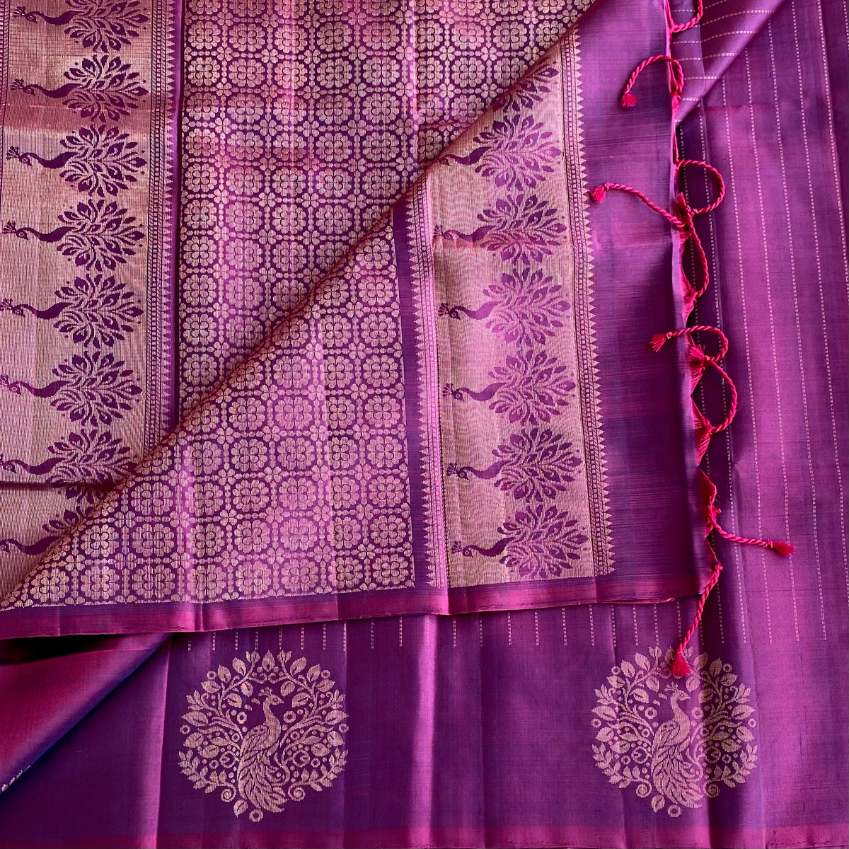 Dual Shaded Magenta Designer Pure Silk Saree With Antique Gold Floral Pallu