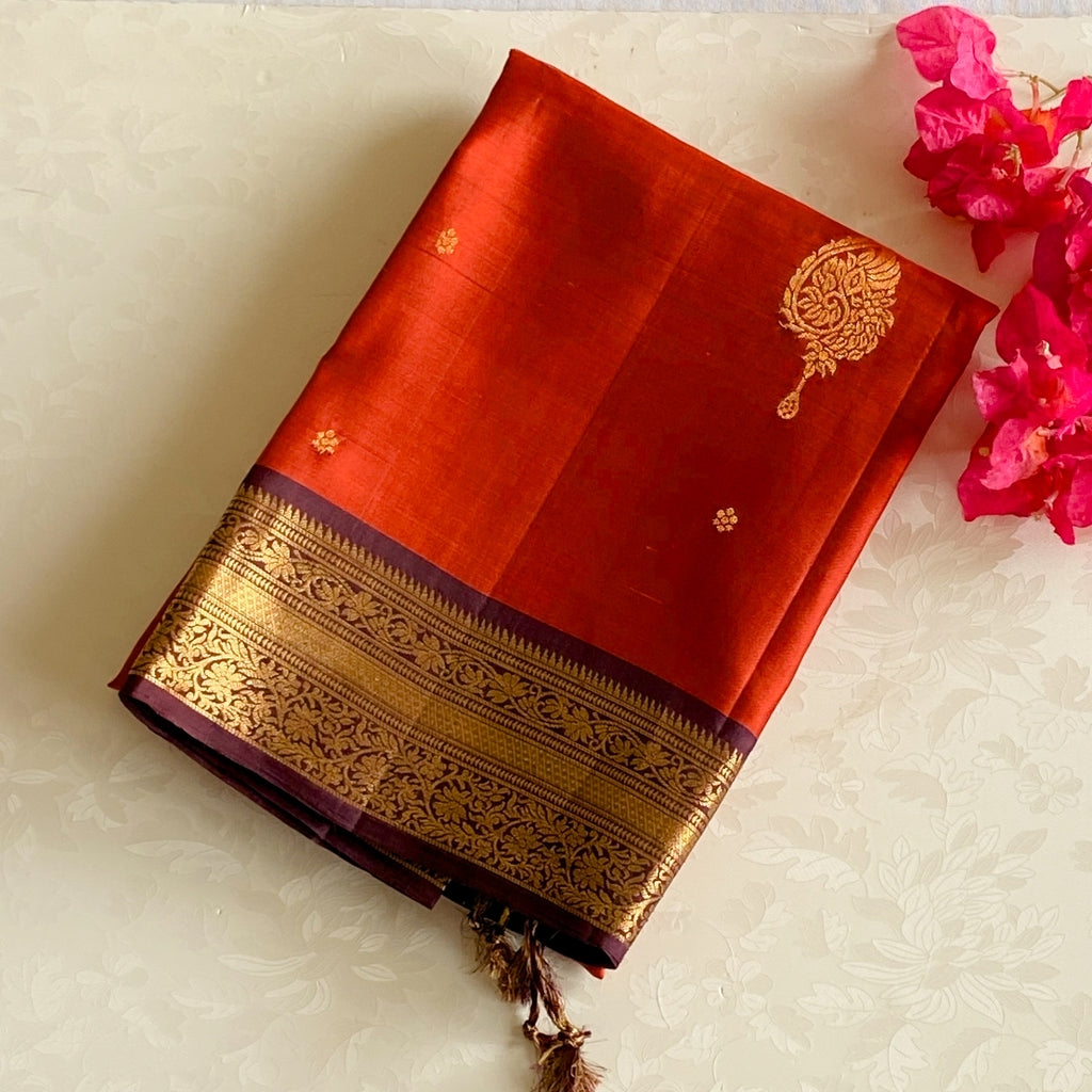 Rust Red Silk Saree with Purple Zari Pallu and Border