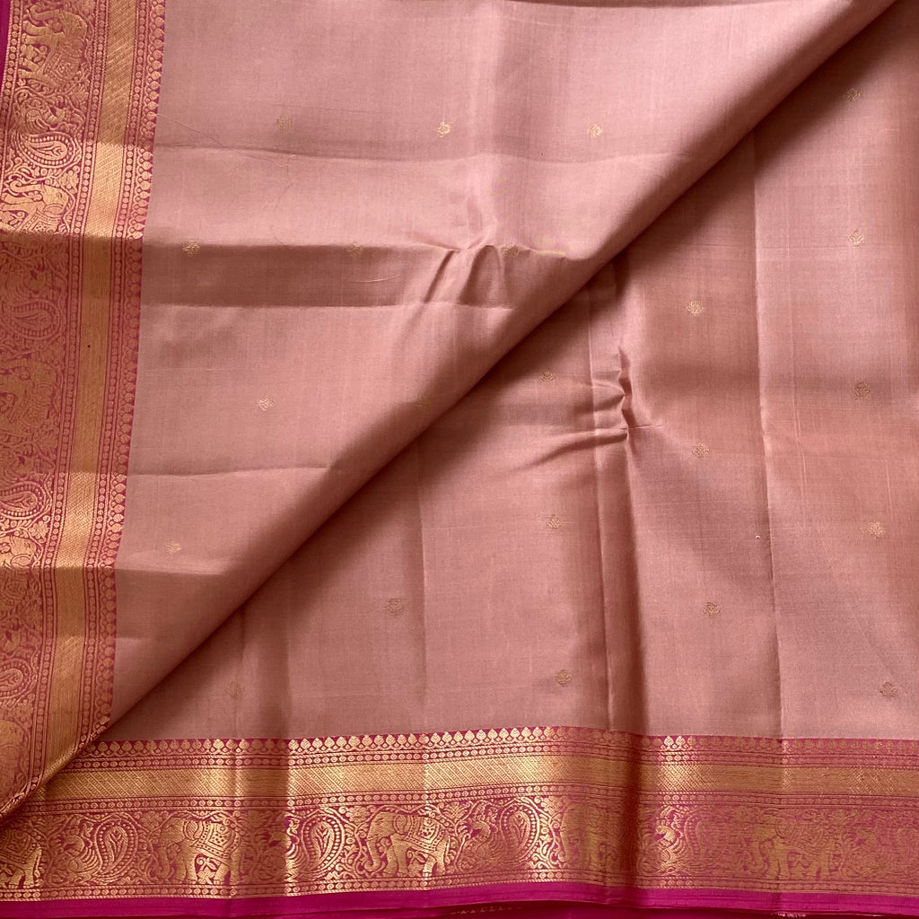 Metallic Peachy Rose Designer Pure Silk Saree Rose Pink Zari Border Contrast Pallu