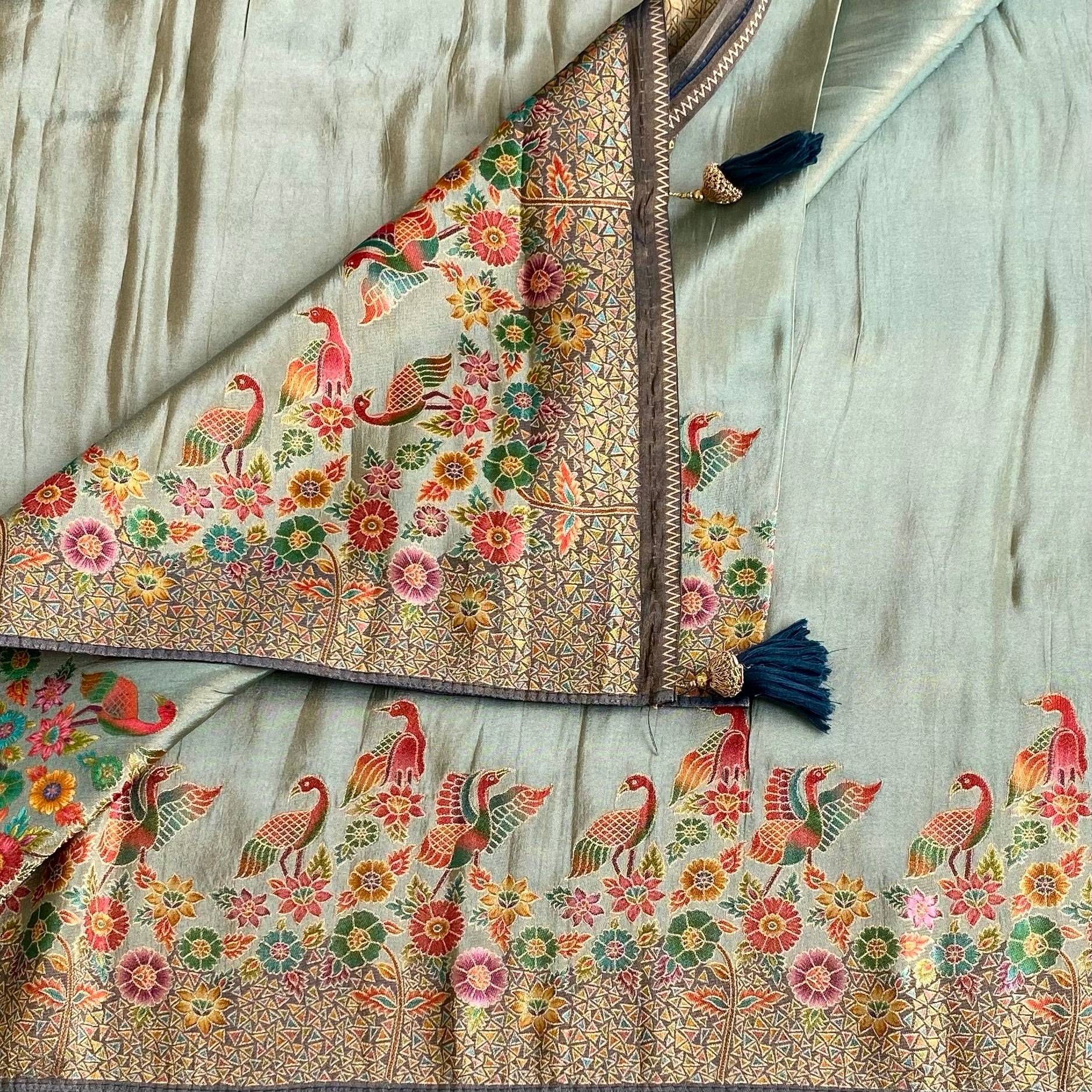 Sage Green Soft Premium Tissue Silk With Coral Red Meenakari Weave