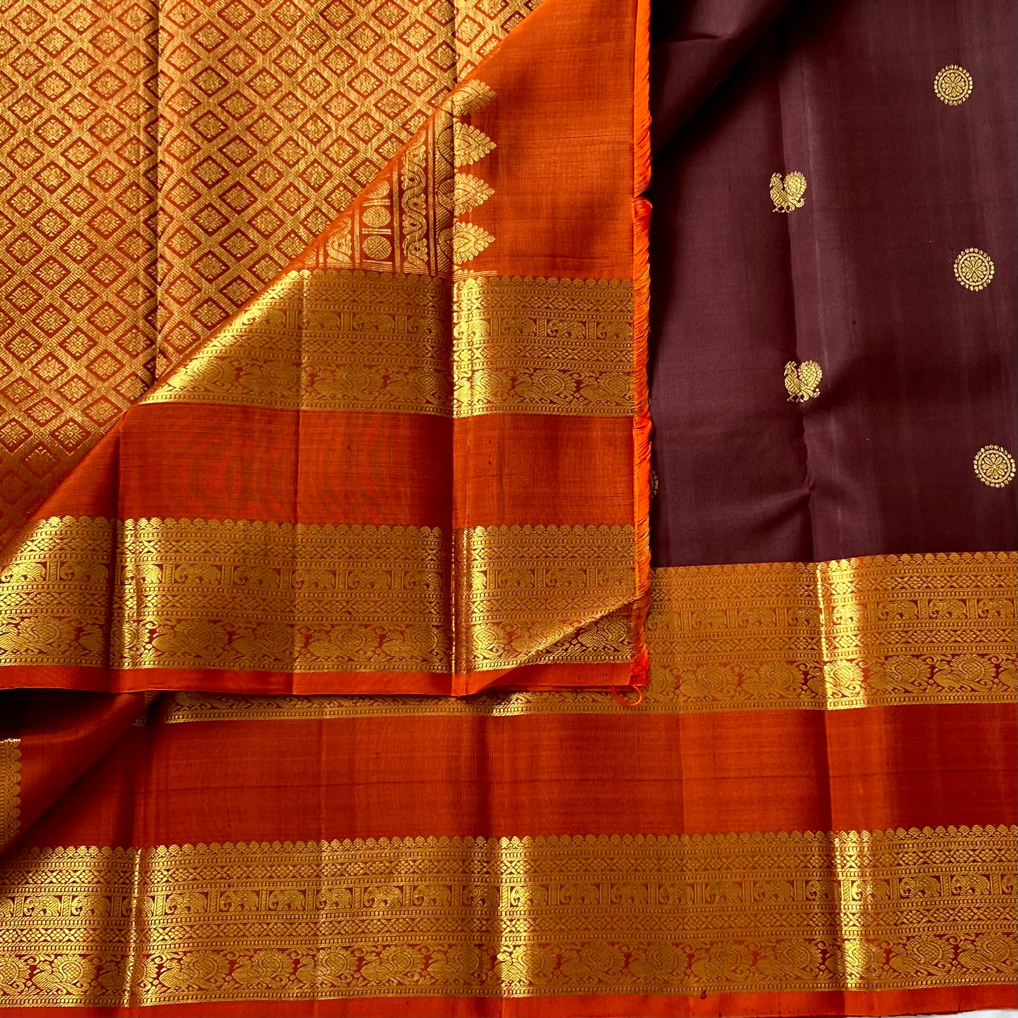 Dual shaded Coffee wine brown with classic rust orange Kanjeevaram pure zari silk