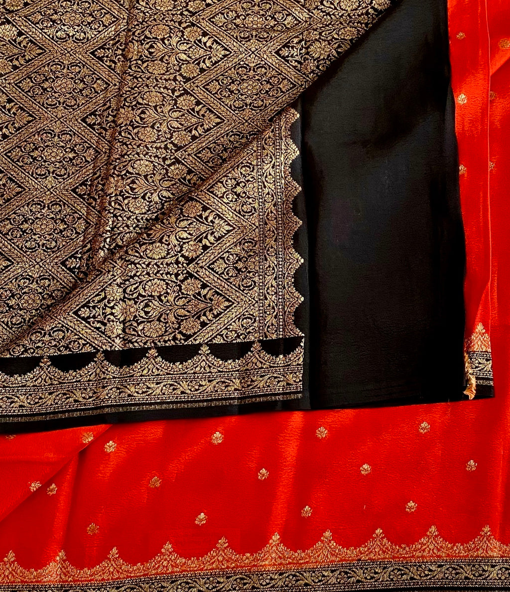 Crimson Red Banarasi Soft Crepe Silk With Jet Black Pallu
