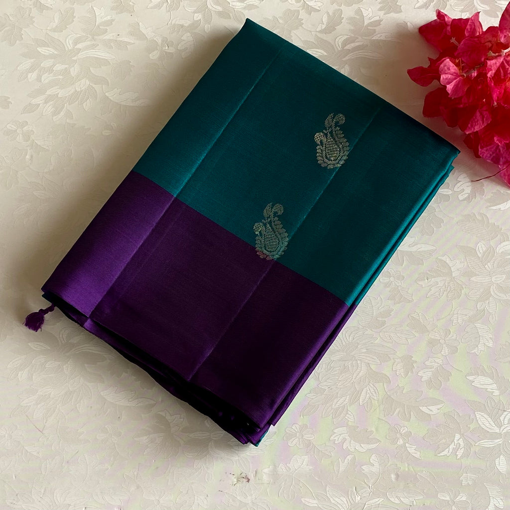 Teal Green Designer Pure Silk Saree With Royal Purple Pallu