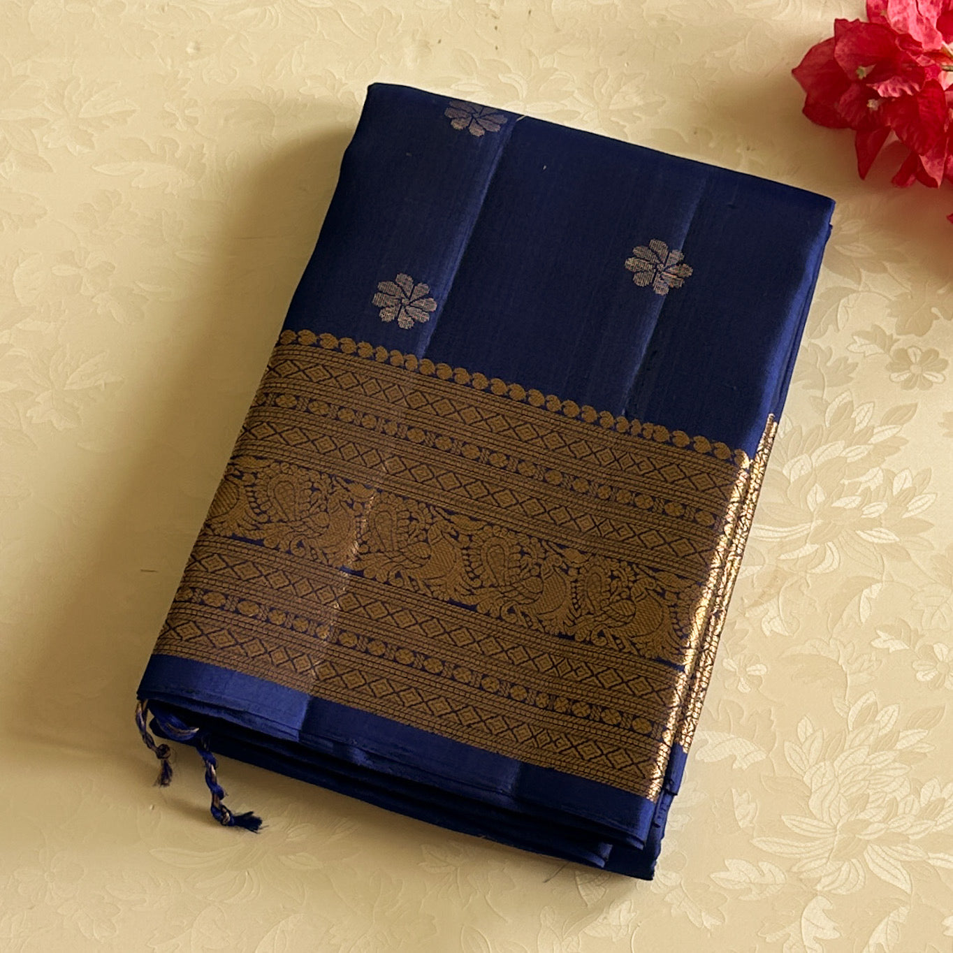 Royal Blue Saree With Gold Zari Border And Floral Buta