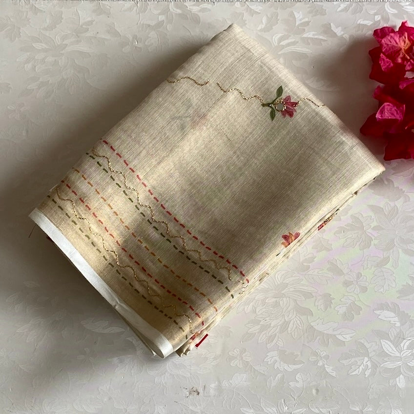 Dreamy Beige Softest Linen Tussar Saree With Dusty Rose Pallu