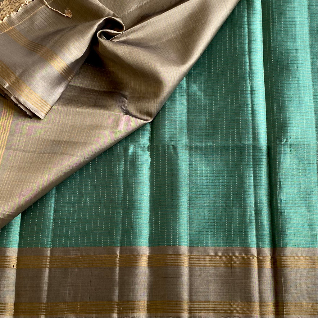 Metallic Teal Green Designer Pure Silk Saree With Antique Bronze Grey Pallu