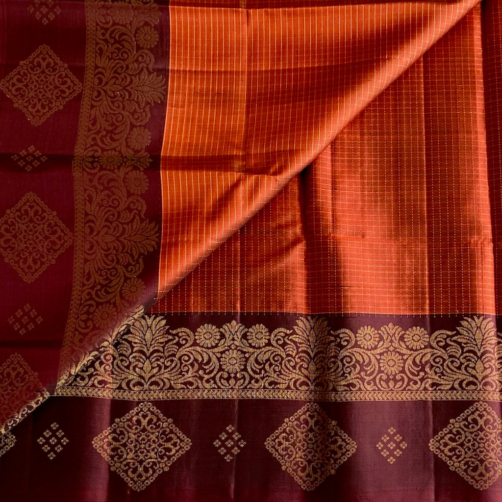 Burgundy Designer Pure Silk Saree With Burnt Orange Pallu And Gold Zari