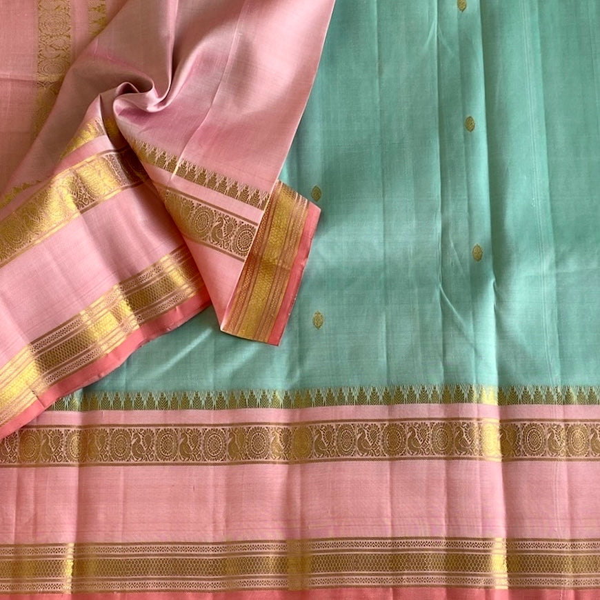 Lustrous Sky Blue Kanjeevaram Pure Zari Silk Saree With Blush Peach borders n Pallu
